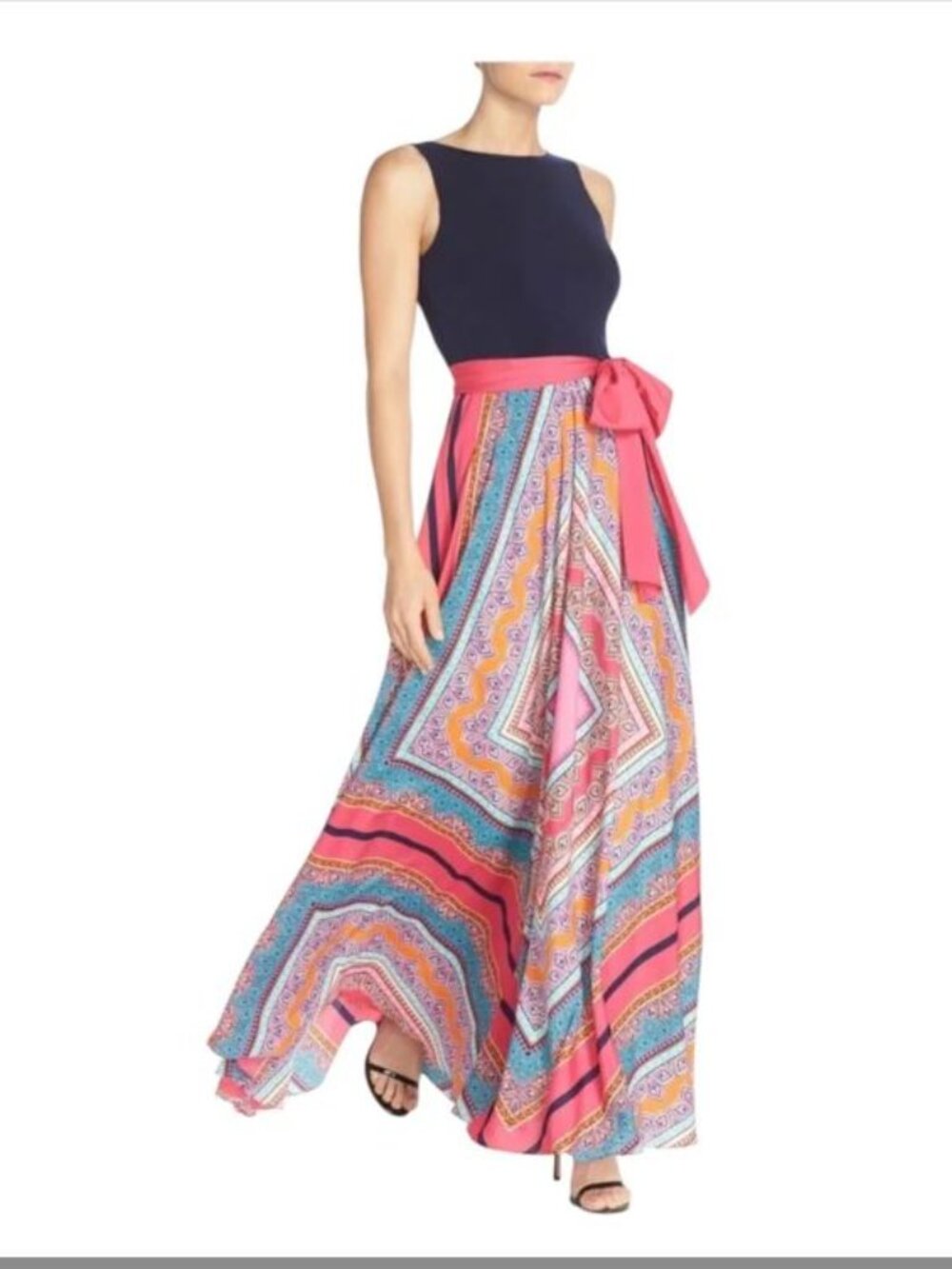 Eliza J Scarf Print Fit & Flare Maxi Dress Boat Neck, Size 8P, Navy Top Belted